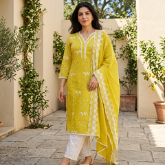 Yellow Embroidered Pure Cotton Straight Kurta With Trouser & Dupatta