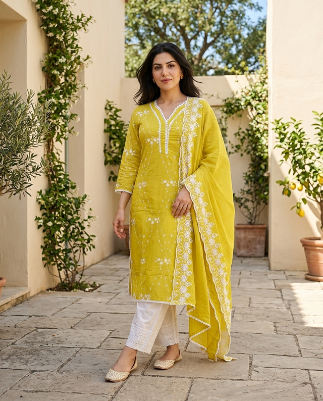 Yellow Embroidered Pure Cotton Straight Kurta With Trouser & Dupatta