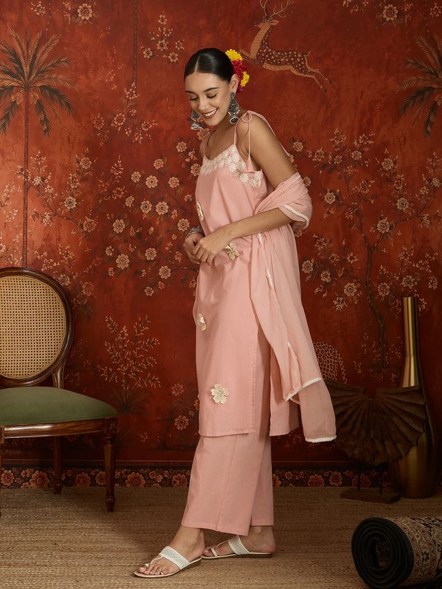Peach Floral Embroidered Shoulder Straps Kurta With Trouser & Dupatta Kurta Set