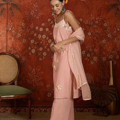 Peach Floral Embroidered Shoulder Straps Kurta With Trouser & Dupatta Kurta Set