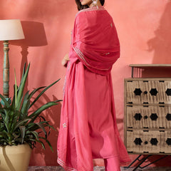 Pink Floral Gotta Patti Notch Neck Kurta With Trousers And Dupatta