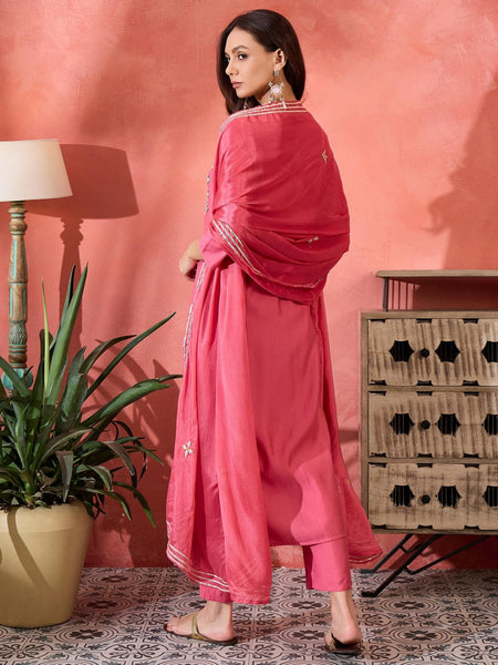 Pink Floral Gotta Patti Notch Neck Kurta With Trousers And Dupatta