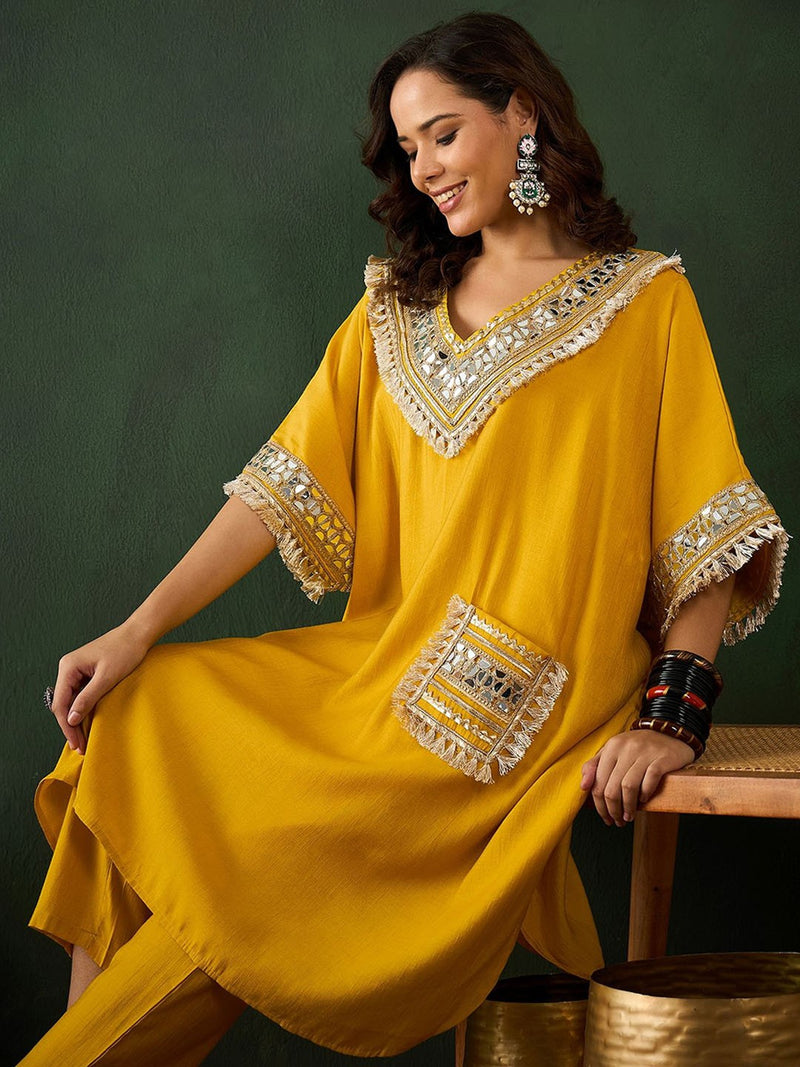 Paisley Embroidered V-Neck Mirror Work Kaftan With Trousers