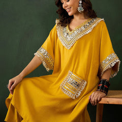 Paisley Embroidered V-Neck Mirror Work Kaftan With Trousers