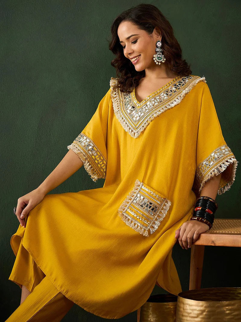 Embroidered  V-Neck Mirror work Kaftan With Trousers