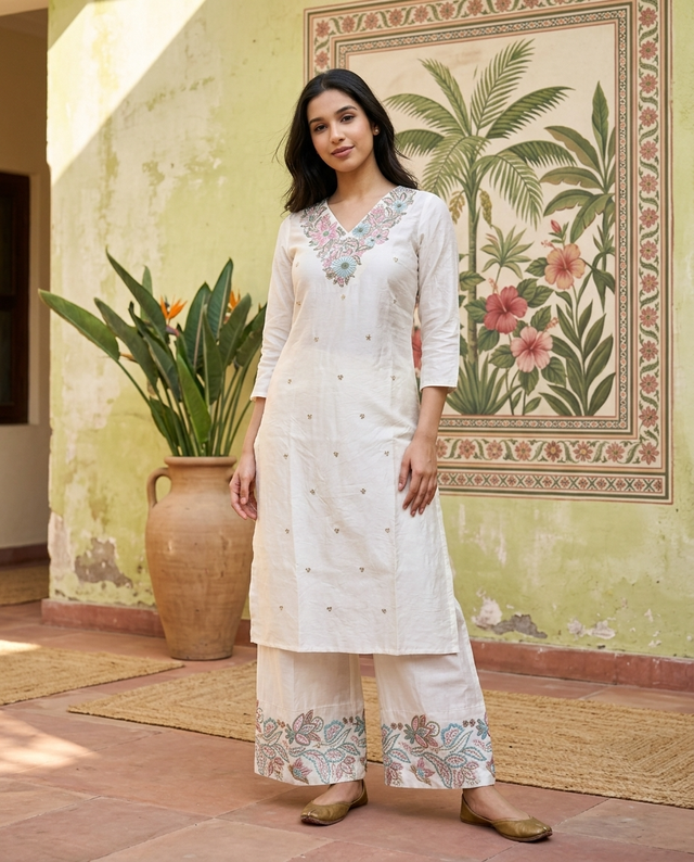 Floral Embroidered Thread Work Straight Kurta With Trousers