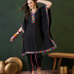 Black Mirror Work V-Neck Kaftan Kurta With Dhoti Pants