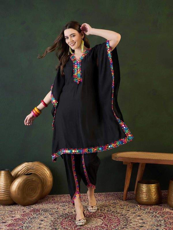 Black Mirror Work V-Neck Kaftan Kurta With Dhoti Pants
