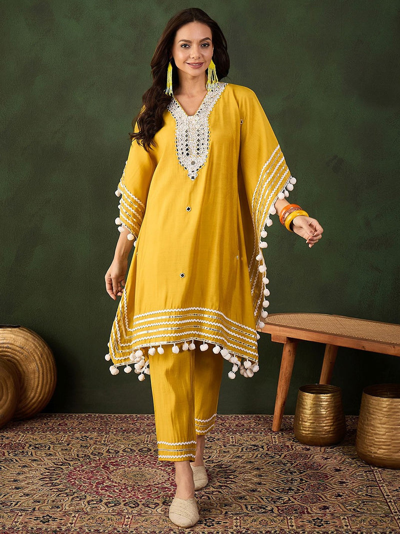Yellow Geometric Embroidered Mirror Work Roman Silk Kurta With Trouser
