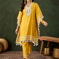 Yellow Geometric Embroidered Mirror Work Roman Silk Kurta With Trouser