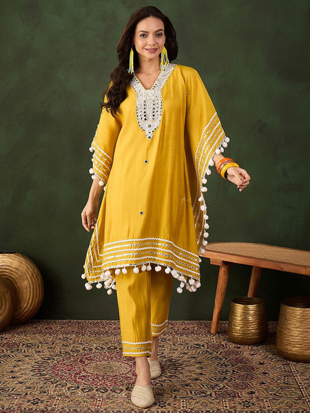 Yellow Geometric Embroidered Mirror Work Roman Silk Kurta With Trouser