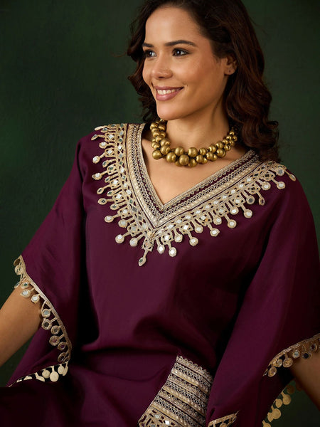 Burgundy Geometric Embroidered V-Neck Mirror Work Kaftan With Trousers