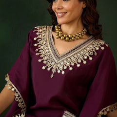 Embroidered  V-Neck Mirror work Kaftan With Trousers