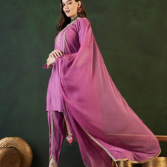 Purple Embroidered Mirror Work Round Neck Kurta With Dhoti Pants And Dupatta
