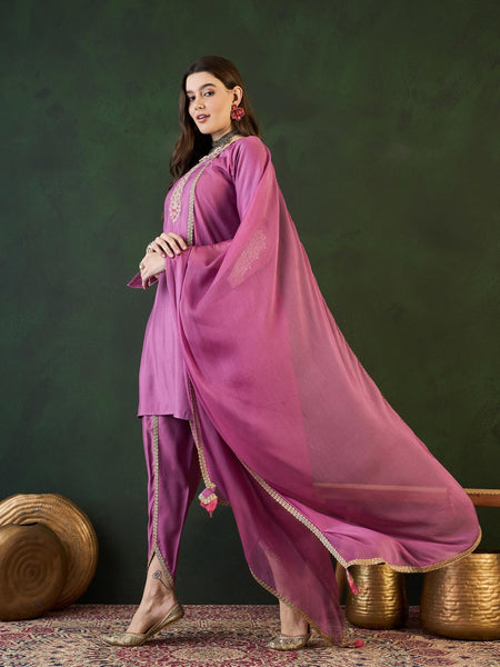 Purple Embroidered Mirror Work Round Neck Kurta With Dhoti Pants And Dupatta