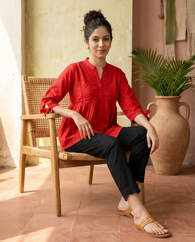 Ethnic Motifs Yoke Design Pure Cotton Short Kurti