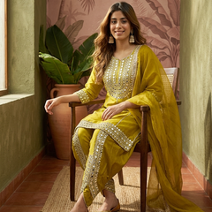 Parrot Green Floral Embroidered & Sequinned A-Line Kurta With Dhoti Pant & Dupatta Kurta Set