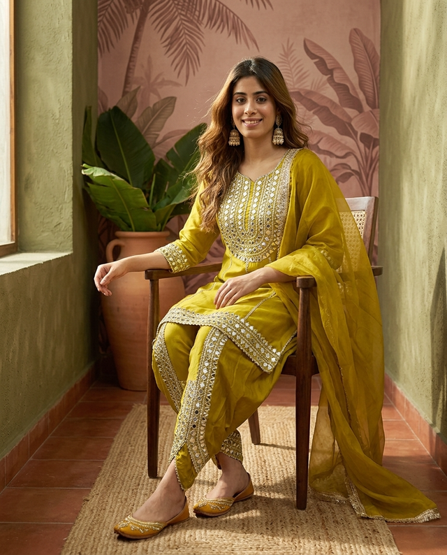 Parrot Green Floral Embroidered & Sequinned A-Line Kurta With Dhoti Pant & Dupatta Kurta Set