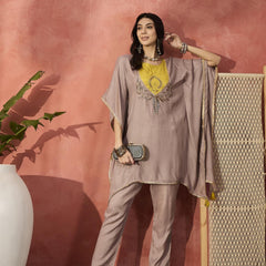 Beige Yoke Design Beads And Stones Round Neck Kaftan Kurta With Trousers