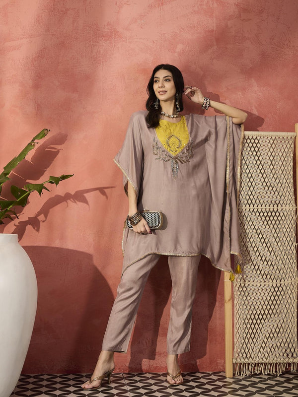 Beige Yoke Design Beads And Stones Round Neck Kaftan Kurta With Trousers