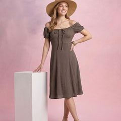 Brown Off-Shoulder A-Line Midi Dress