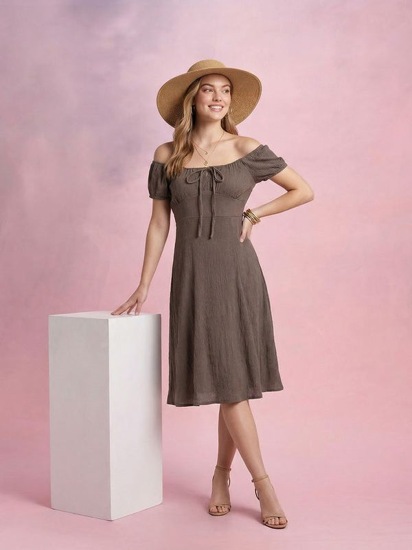 Brown Off-Shoulder A-Line Midi Dress