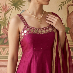 Maroon Mirror Work Sholder Strap Kurta With Trouser & Dupatta