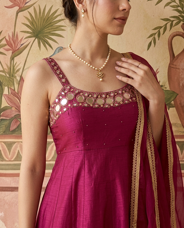 Maroon Mirror Work Sholder Strap Kurta With Trouser & Dupatta