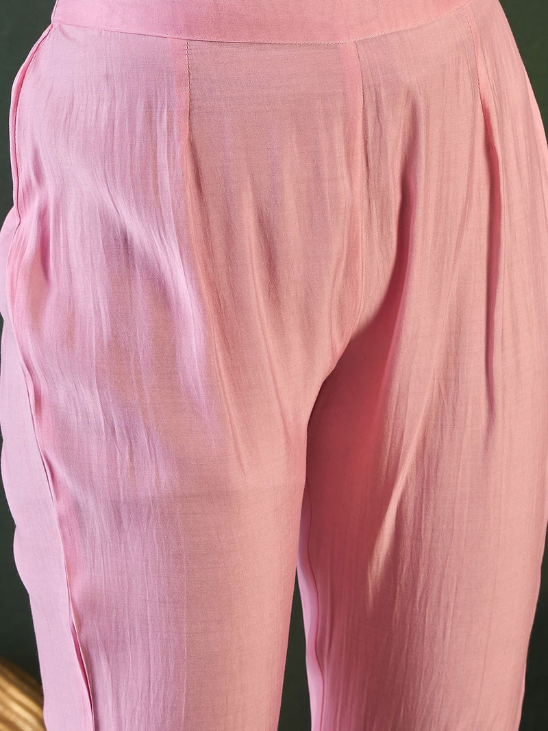 Pink Geometric Embroidered Mirror Work Roman Silk Kurta With Trouser