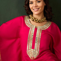 Fuchsia Geometric Embroidered Round Neck Mirror Work Kaftan With Trousers