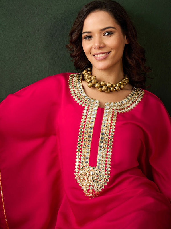 Fuchsia Geometric Embroidered Round Neck Mirror Work Kaftan With Trousers