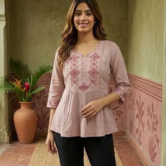 Coral Pure Cotton Ethnic Motifs Embroidered A-Line Short Kurti
