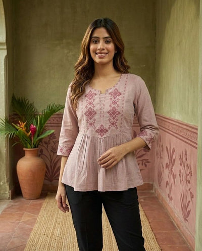 Coral Pure Cotton Ethnic Motifs Embroidered A-Line Short Kurti