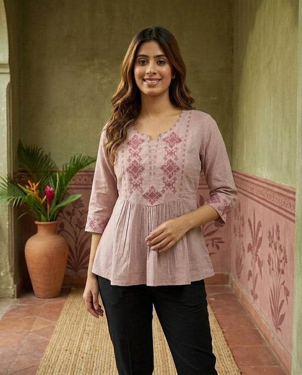 Coral Pure Cotton Ethnic Motifs Embroidered A-Line Short Kurti