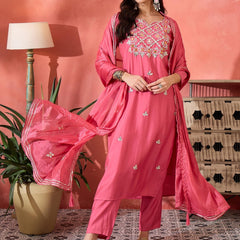 Pink Floral Gotta Patti Notch Neck Kurta With Trousers And Dupatta