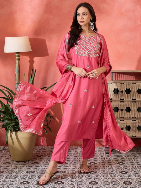 Pink Floral Gotta Patti Notch Neck Kurta With Trousers And Dupatta