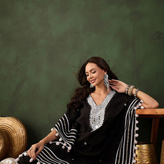 Black Geometric Embroidered Mirror Work Roman Silk Kurta With Trouser