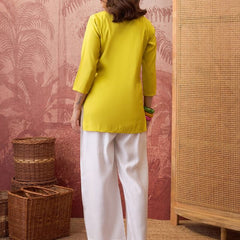 Parrot Green Self Design Shirt Collar Tunic & Trouser Co-Ords