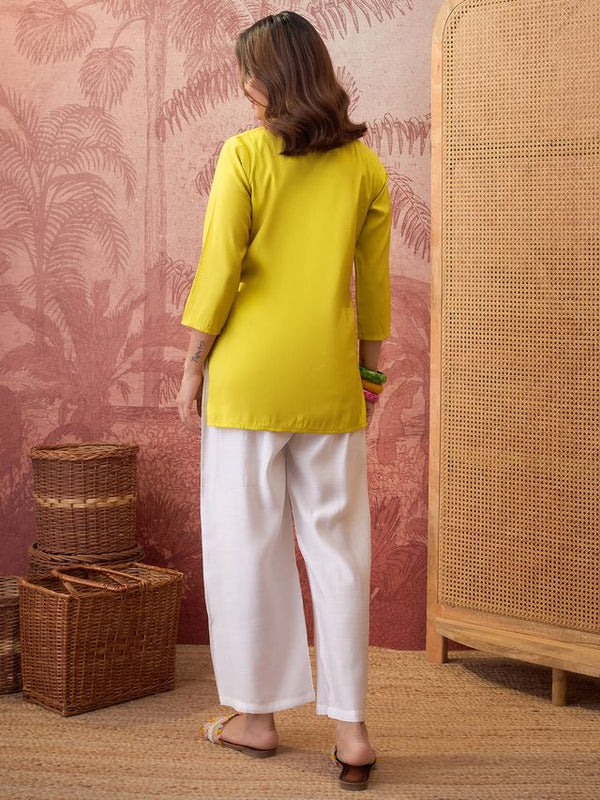 Parrot Green Self Design Shirt Collar Tunic & Trouser Co-Ords