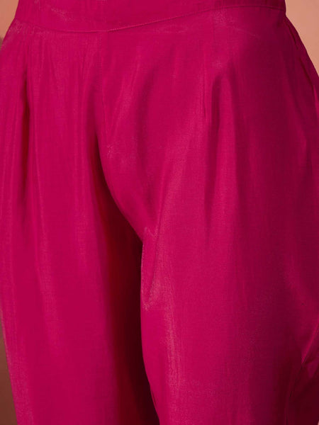 Red And White Mirror Work Round Neck Tunic With Trousers
