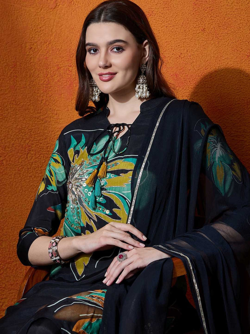 Floral Embroidered Sequinned Kurta With Trouser And Dupatta