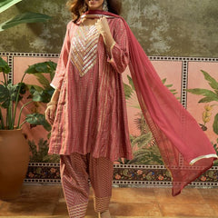 Ethnic Motif Print & Gota Work A-Line Kurta With Farsi Salwar & Dupatta Kurta Set