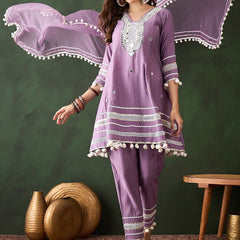 Embroidered Anarkali Kurta & Trousers With Dupatta