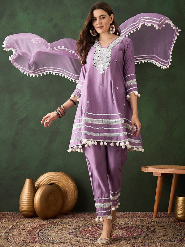 Purple Floral Embroidered Mirror Work A-Line Kurta With Trousers & Dupatta