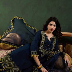 Navy Blue Notch-Neck Mirror Work Chanderi Silk Kurta With Dhoti Pant And Dupatta