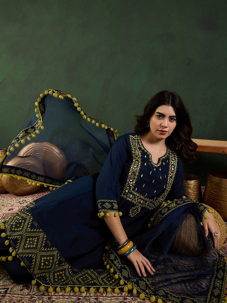 Navy Blue Notch-Neck Mirror Work Chanderi Silk Kurta With Dhoti Pant And Dupatta