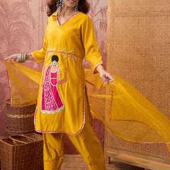 Mustard Ethnic Motif Embroidered Straight Kurta With Trouser & Dupatta Kurta Set