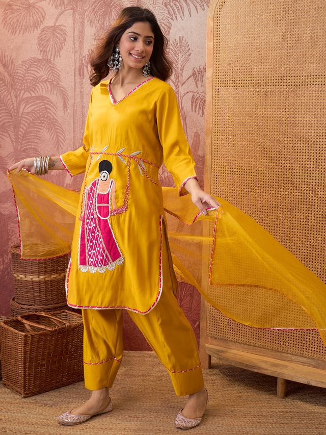 Mustard Ethnic Motif Embroidered Straight Kurta With Trouser & Dupatta Kurta Set