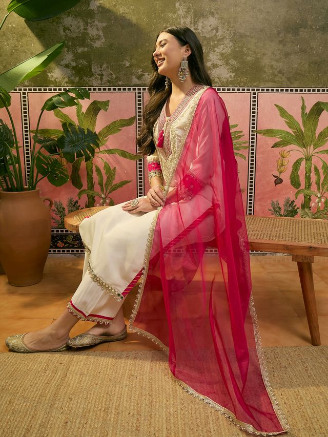 Floral Embroidered & Mirror Work Straight Kurta With & Trousers & Dupatta