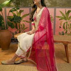 Floral Embroidered & Mirror Work Straight Kurta With & Trousers & Dupatta